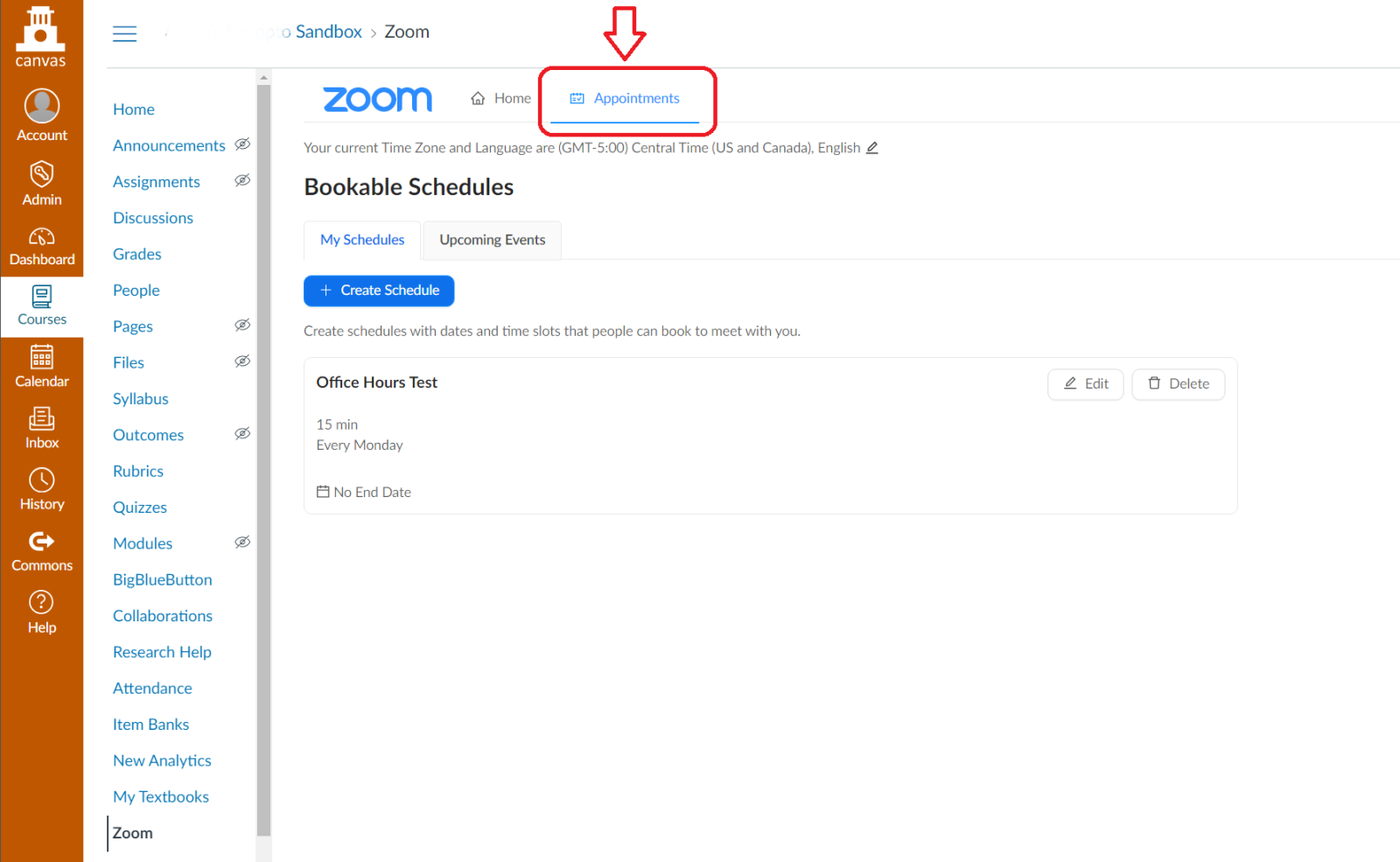 Zoom appointments tab highlighting of the appointments tab in the Zoom Canvas interface