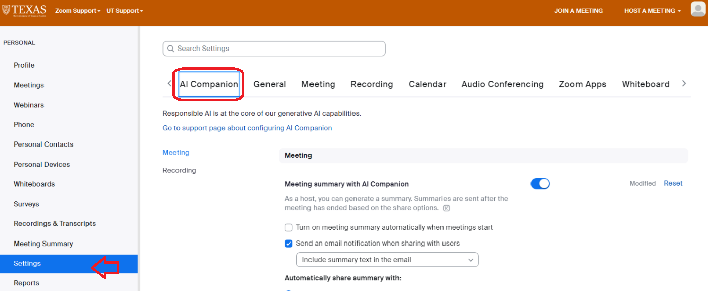AI Companion Tab highlighting the AI Companion settings tab within Zoom settings