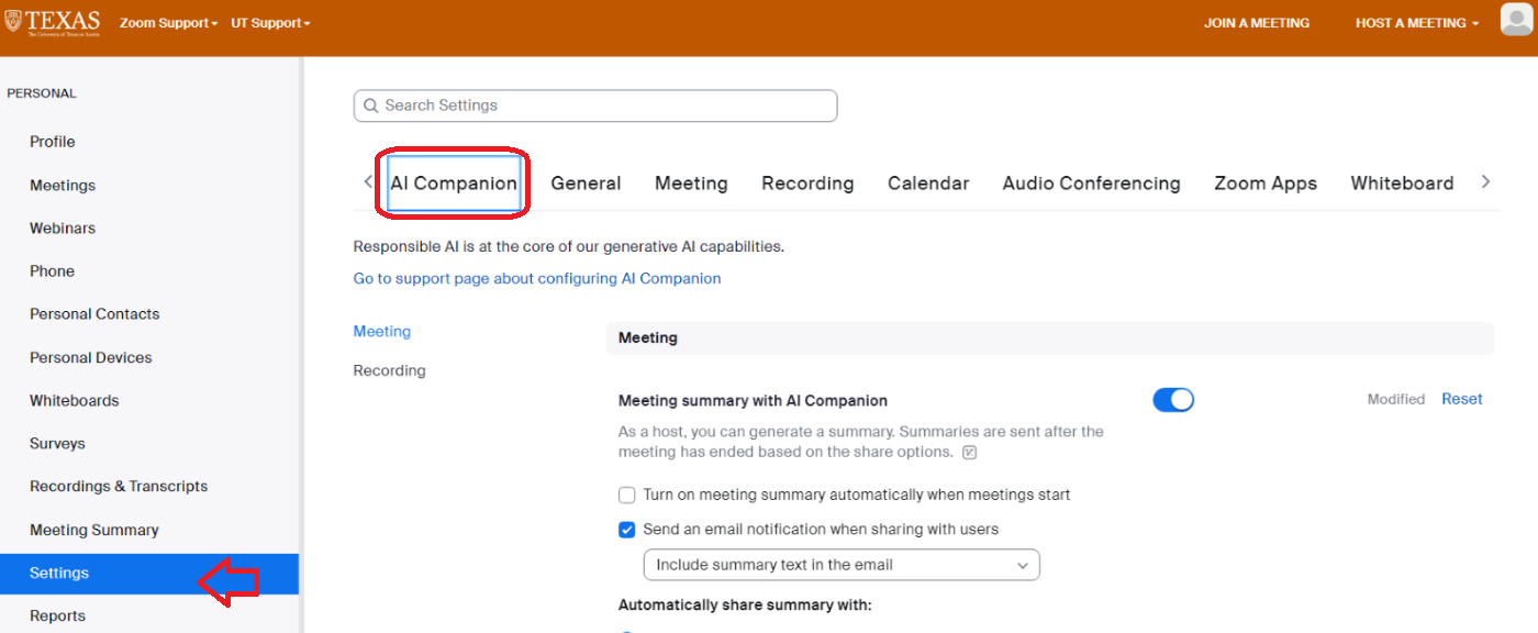 highlighting the AI Companion settings tab within Zoom settings